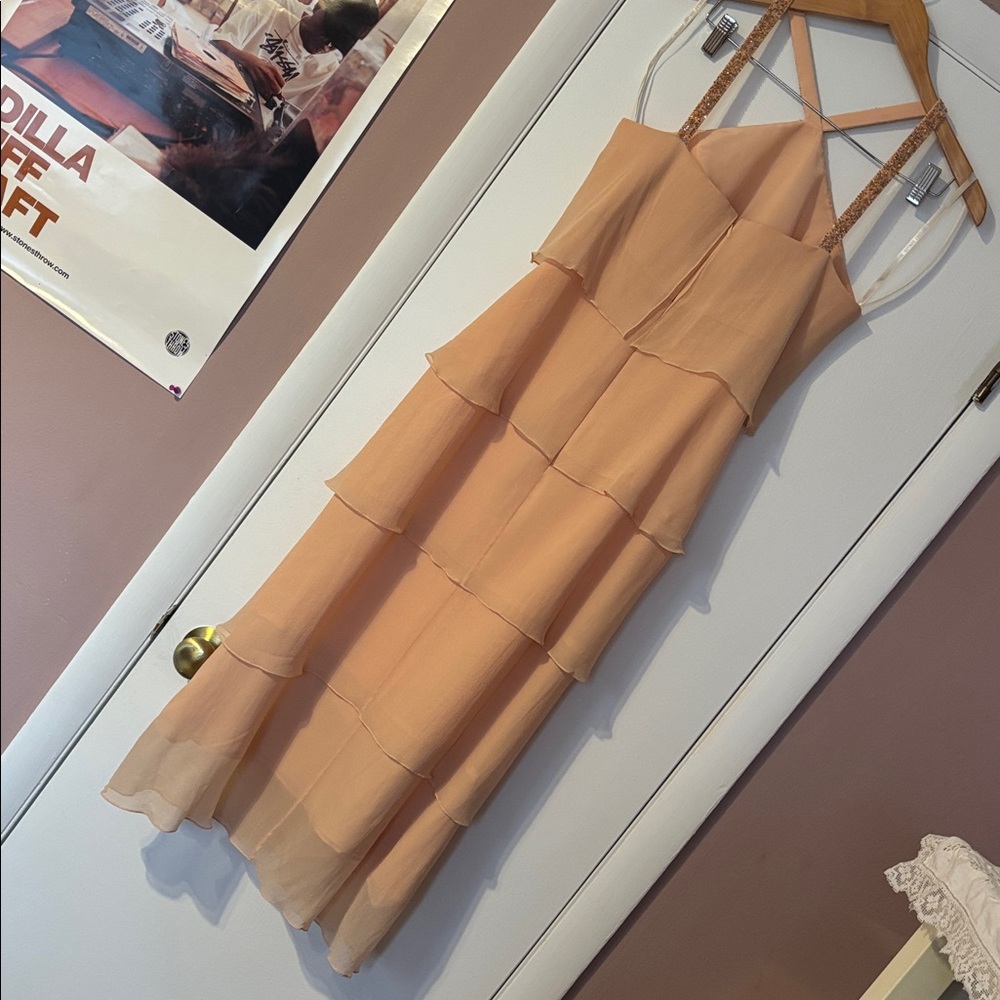 Y2K Vintage Daymor Couture Silk Halter Party Formal Beaded 8 Peach Pink Tiered M - Picture 4 of 17